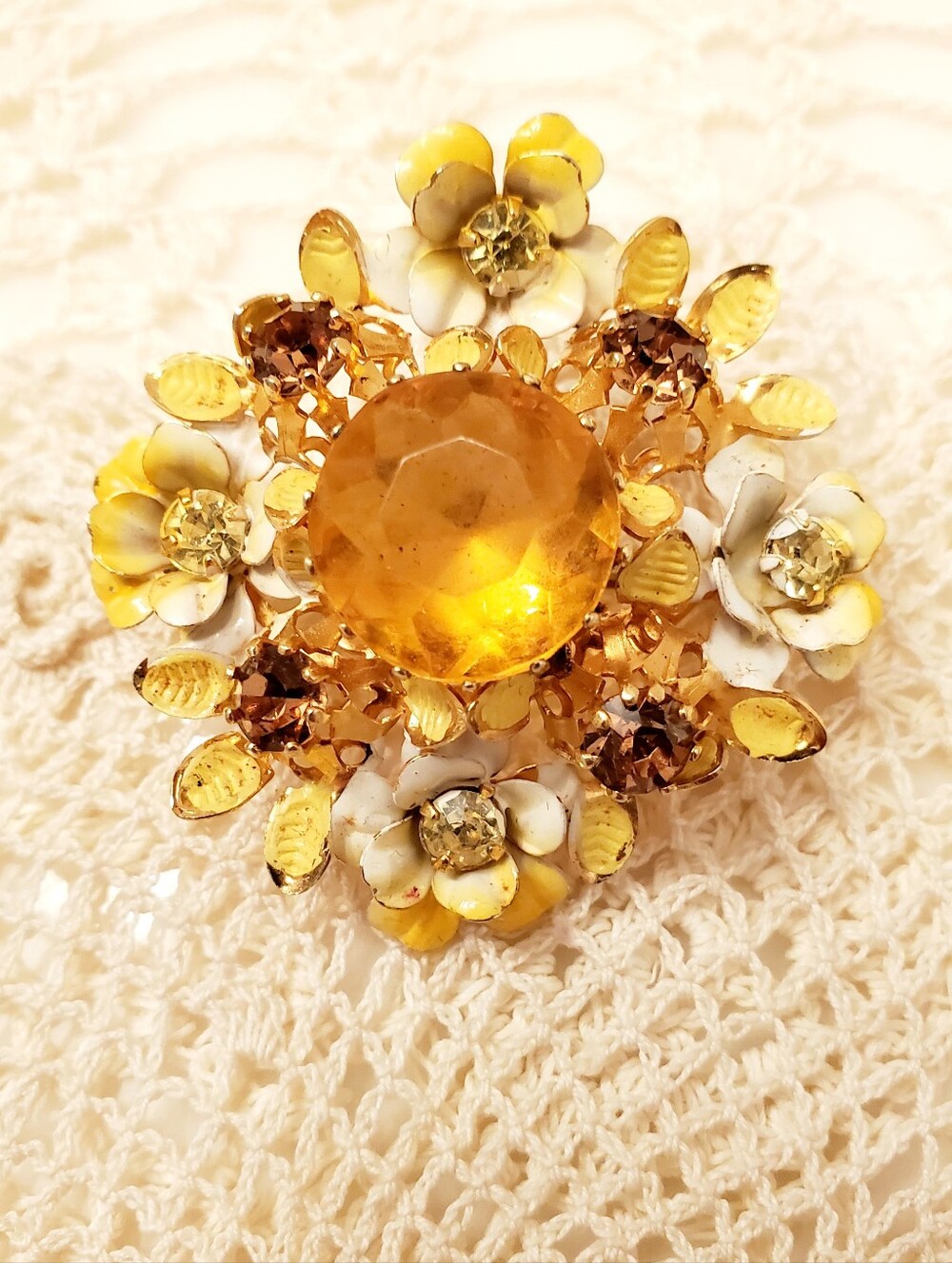AUSTRIA Yellow Floral Crystal Brooch, Feminine & Sweet